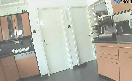 Busty Brunette Temptress Torments Him at Home in the Kitchen